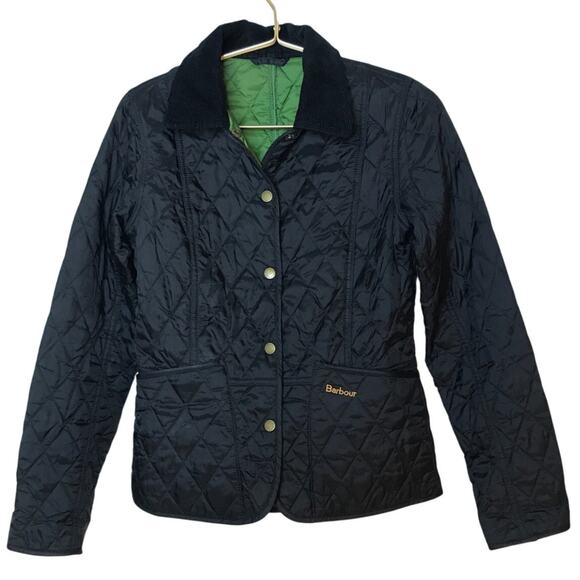 Barbour Black Quilted Jacket with Green Lining - Picture 2 of 9